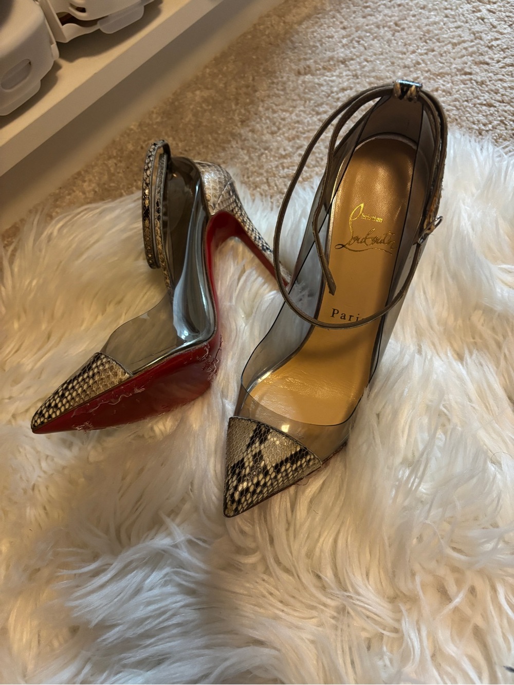 Christian Louboutin Clear PVC Snake-Print Pointed Toe Pumps with Red Sole - Picture 3 of 3
